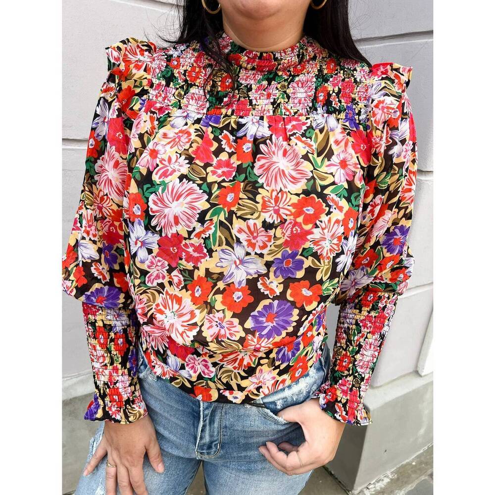NEW FIRST LOVE floral print smocked tie back chiffon blouse in black multi